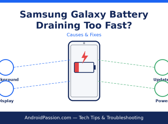 Illustration of a Samsung Galaxy phone with a low battery icon, showing background apps, display settings, updates, and power saving as causes and fixes for fast battery drain