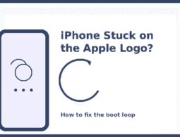 Illustration of an iPhone stuck on the Apple logo boot loop screen with a refresh arrow icon