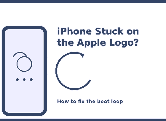 Illustration of an iPhone stuck on the Apple logo boot loop screen with a refresh arrow icon