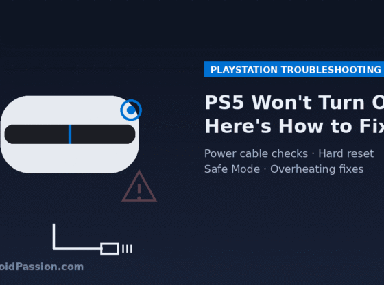 Illustration of a PS5 console with a warning icon and power cable, showing tips for fixing a PS5 that won't turn on