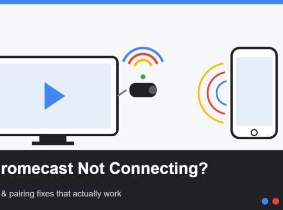 Illustration showing a smart TV, Chromecast dongle, Wi-Fi signal icons, and a phone casting, representing Chromecast Wi-Fi connection troubleshooting