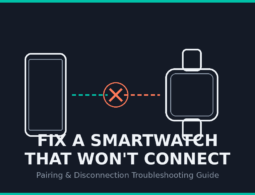 Illustration showing a smartphone and smartwatch with a broken Bluetooth connection icon, representing a smartwatch pairing or disconnection problem