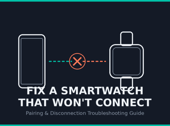 Illustration showing a smartphone and smartwatch with a broken Bluetooth connection icon, representing a smartwatch pairing or disconnection problem