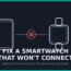 Illustration showing a smartphone and smartwatch with a broken Bluetooth connection icon, representing a smartwatch pairing or disconnection problem