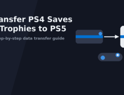 Illustration showing data transfer from a PS4 console to a PS5 console with an arrow and controller icon, for a guide on transferring PS4 saves and trophies to PS5