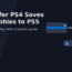Illustration showing data transfer from a PS4 console to a PS5 console with an arrow and controller icon, for a guide on transferring PS4 saves and trophies to PS5