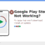 Illustration of a smartphone with a stalled Google Play Store download icon and a red error mark, representing common Play Store download and install problems on Android