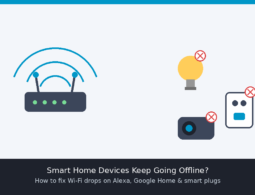 Illustration of a router with Wi-Fi signal and smart home devices (bulb, plug, camera) showing offline icons, representing smart home Wi-Fi connection troubleshooting