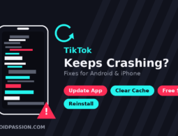 Illustration of a phone with a crashed TikTok screen next to a retry icon and steps to fix TikTok crashing on Android and iPhone