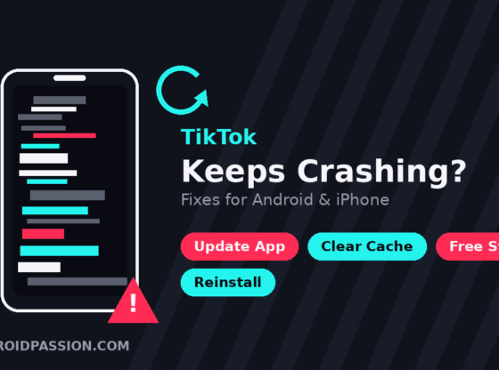 Illustration of a phone with a crashed TikTok screen next to a retry icon and steps to fix TikTok crashing on Android and iPhone