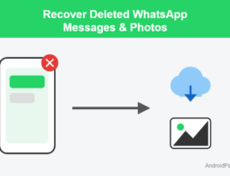 Illustration showing a phone with a deleted WhatsApp chat, an arrow pointing to a cloud backup icon, and a photo icon representing recovering deleted WhatsApp messages and photos