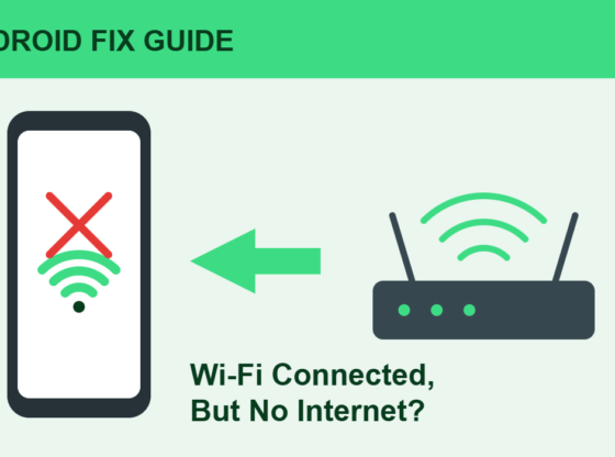 Illustration of an Android phone showing a Wi-Fi symbol with a red X next to a router, captioned Wi-Fi Connected, But No Internet?