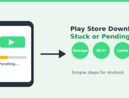 Illustration of an Android phone with a pending Play Store download and fix icons for storage, Wi-Fi and cache