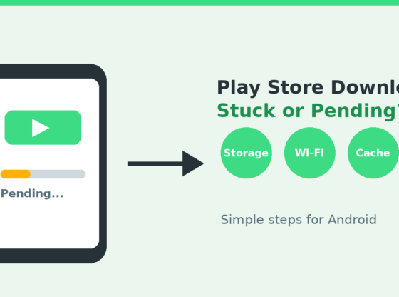 Illustration of an Android phone with a pending Play Store download and fix icons for storage, Wi-Fi and cache