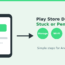 Illustration of an Android phone with a pending Play Store download and fix icons for storage, Wi-Fi and cache