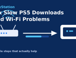 Illustration of a router connected to a PS5 console with a progress bar, representing fixing slow downloads