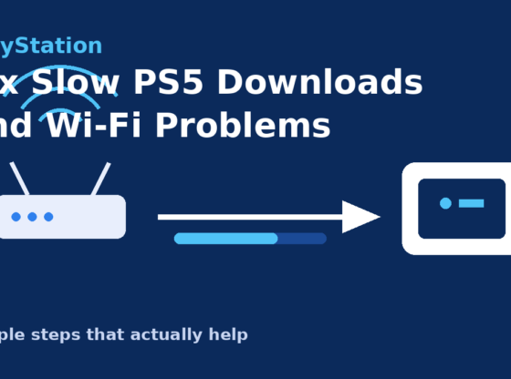 Illustration of a router connected to a PS5 console with a progress bar, representing fixing slow downloads