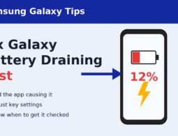 Illustration of a Samsung Galaxy phone with a low battery and the title Fix Galaxy Battery Draining Fast