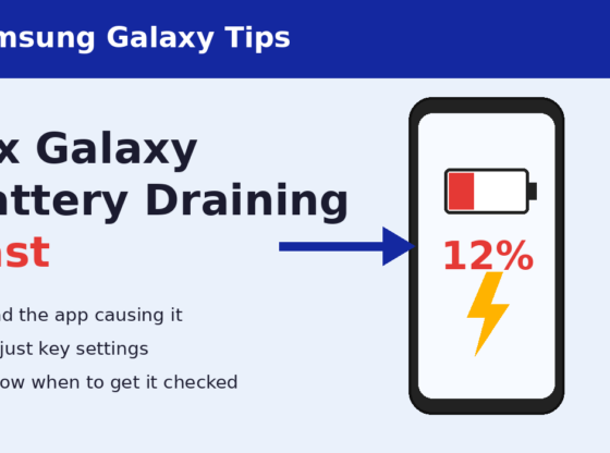 Illustration of a Samsung Galaxy phone with a low battery and the title Fix Galaxy Battery Draining Fast