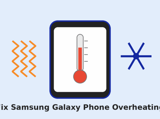 Illustration of a Samsung Galaxy phone with a hot thermometer, heat waves and a cooling icon for fixing overheating
