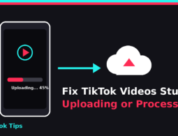 Illustration of a phone with a stuck TikTok upload progress bar and a cloud upload arrow