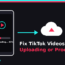 Illustration of a phone with a stuck TikTok upload progress bar and a cloud upload arrow